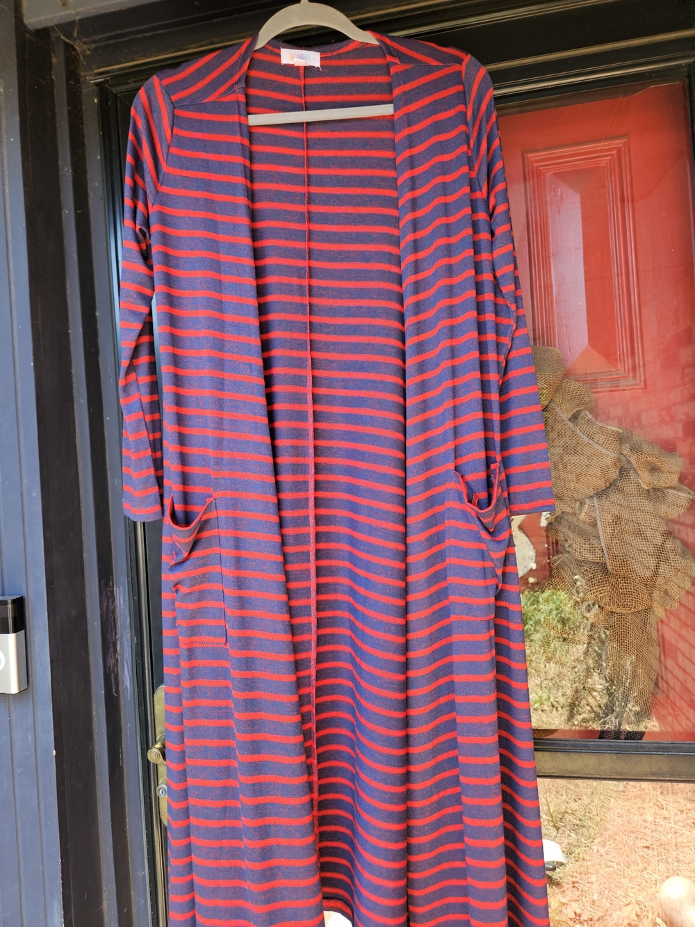 LuLaRoe Sarah Navy and Red Striped Long Open Front Cardigan